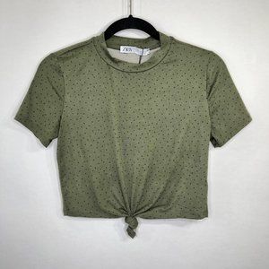 Zara Polka Dot Crop Top Shirt Short Sleeve Green Black Size Small New